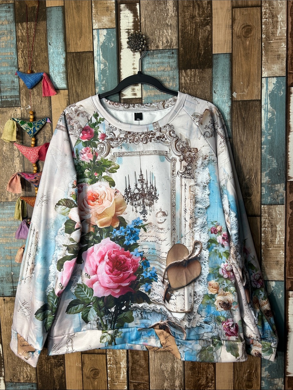 Floral Chandelier Print Sweatshirt - White with Pink & Blue